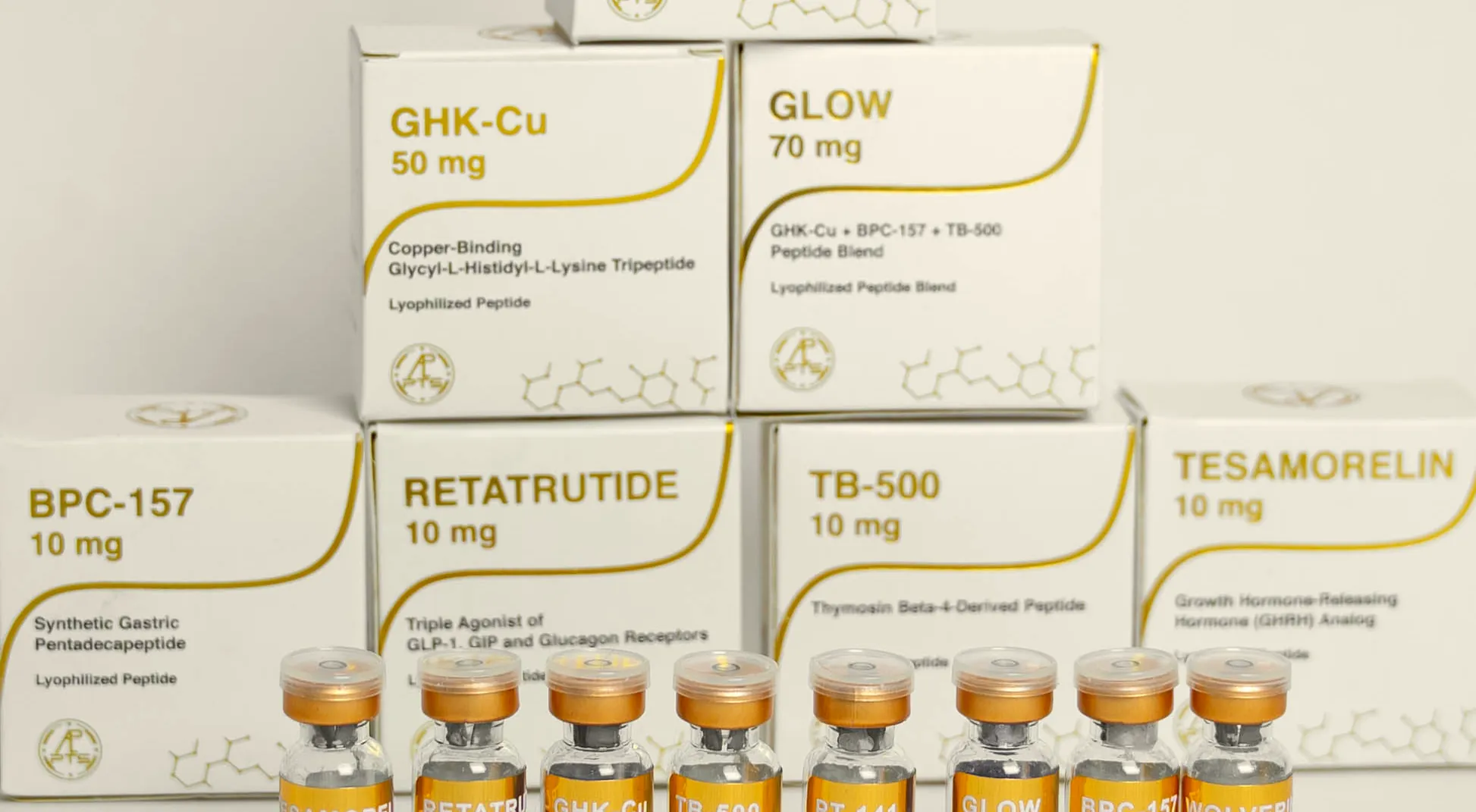 Cajas de la Línea Gold apiladas con sus viales
